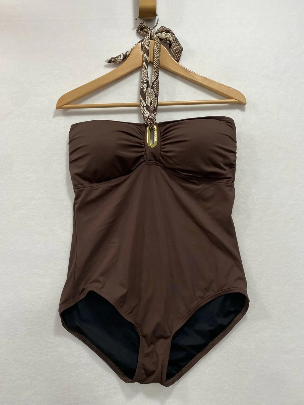 NWT Michael Kors Bandeau Halter One Piece Swimsuit Women’s Size 14 Brown Gold